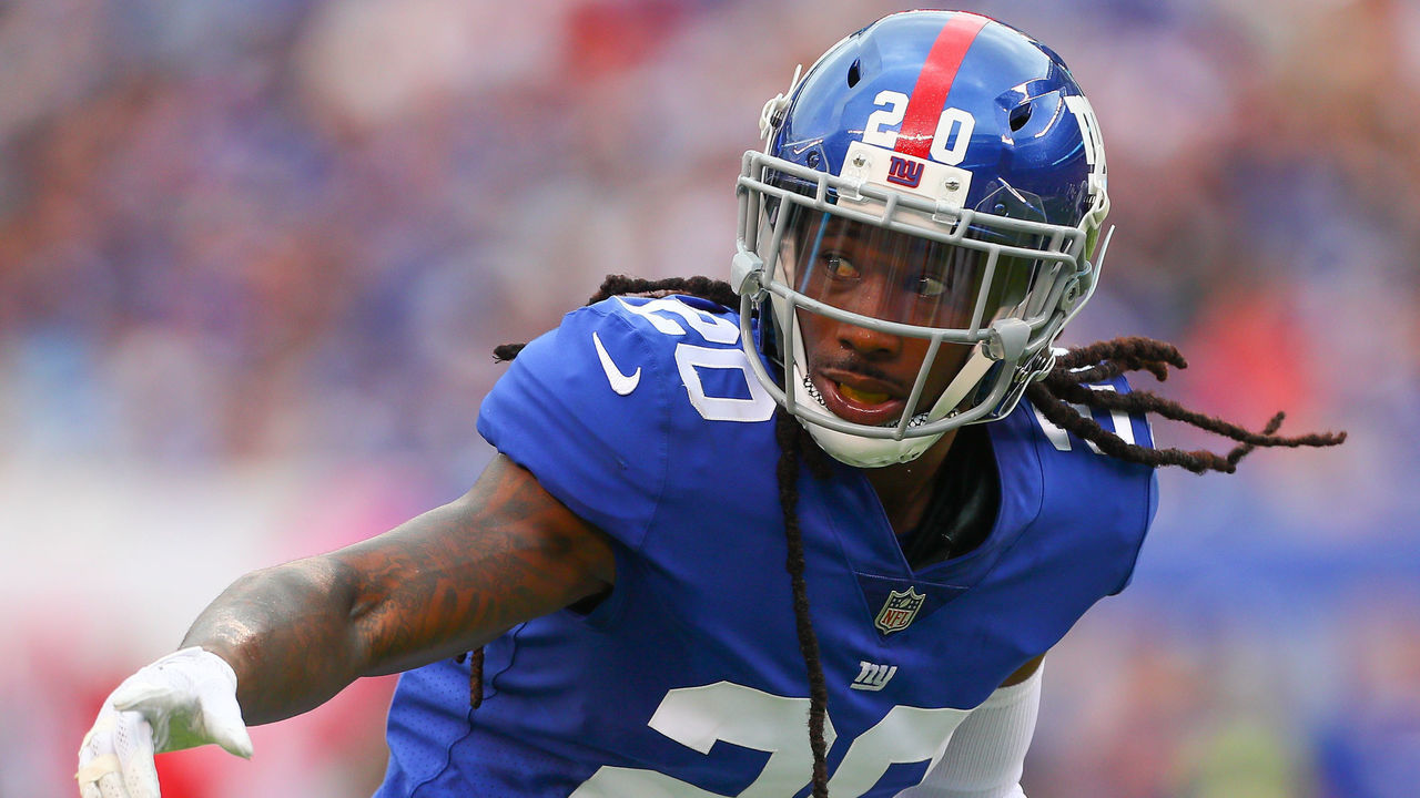 EAST RUTHERFORD, NJ - OCTOBER 08: New York Giants cornerback Janoris Jenkins (20) during the National Football League game between the New York Giants and the Los Angeles Chargers on October 8, 2017, at Met Life Stadium in East Rutherford, NJ.