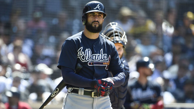 SAN DIEGO, CA - JUNE 6: Nick Markakis #22 of the Atlanta Braves reacts to a strike during the eighth inning of a baseball game against the San Diego Padres at PETCO Park on June 6, 2018 in San Diego, California.