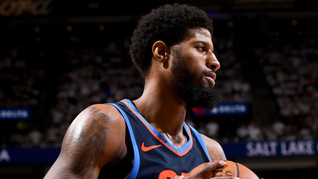 SALT LAKE CITY, UT - APRIL 23: Paul George #13 of the Oklahoma City Thunder looks on during the game against the Utah Jazz in Game Four of Round One of the 2018 NBA Playoffs on April 23, 2018 at vivint.SmartHome Arena in Salt Lake City, Utah. NOTE TO USER: User expressly acknowledges and agrees that, by downloading and/or using this Photograph, user is consenting to the terms and conditions of the Getty Images License Agreement. Mandatory Copyright Notice: Copyright 2018 NBAE