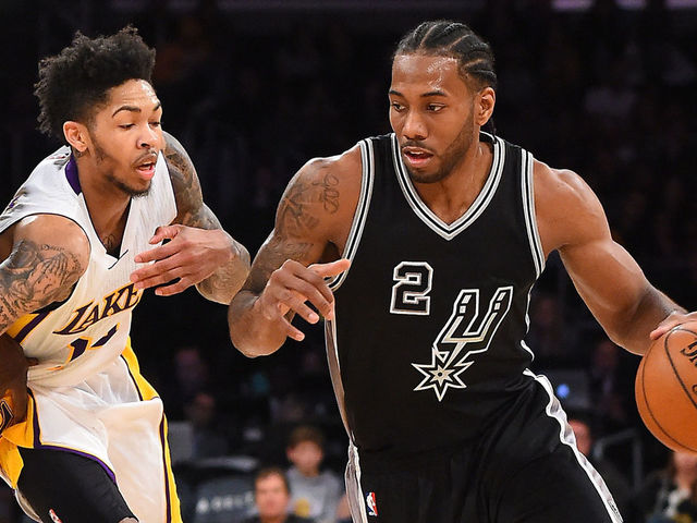 LOS ANGELES, CA - FEBRUARY 26: Kawhi Leonard #2 of the San Antonio Spurs drives to the basket as he gets past Brandon Ingram #14 of the Los Angeles Lakers in the second half of the game at Staples Center on February 26, 2017 in Los Angeles, California. Spurs won 119-98.