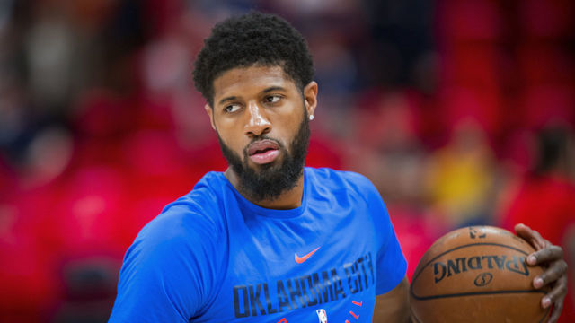 SALT LAKE CITY, UT - APRIL 21: Paul George #13 of the Oklahoma City Thunder warms up prior to Game Three of Round One of the 2018 NBA playoffs against the Utah Jazz on April 21, 2018 at vivint.SmartHome Arena in Salt Lake City, Utah. Mandatory Copyright Notice: Copyright 2018 NBAE