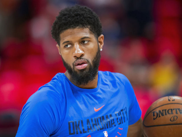 SALT LAKE CITY, UT - APRIL 21: Paul George #13 of the Oklahoma City Thunder warms up prior to Game Three of Round One of the 2018 NBA playoffs against the Utah Jazz on April 21, 2018 at vivint.SmartHome Arena in Salt Lake City, Utah. Mandatory Copyright Notice: Copyright 2018 NBAE