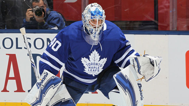 TORONTO, ON - MARCH 17: Garret Sparks #40 of the Toronto Maple Leafs warms up prior to action against the Montreal Canadiens in an NHL game at the Air Canada Centre on March 17, 2018 in Toronto, Ontario, Canada.