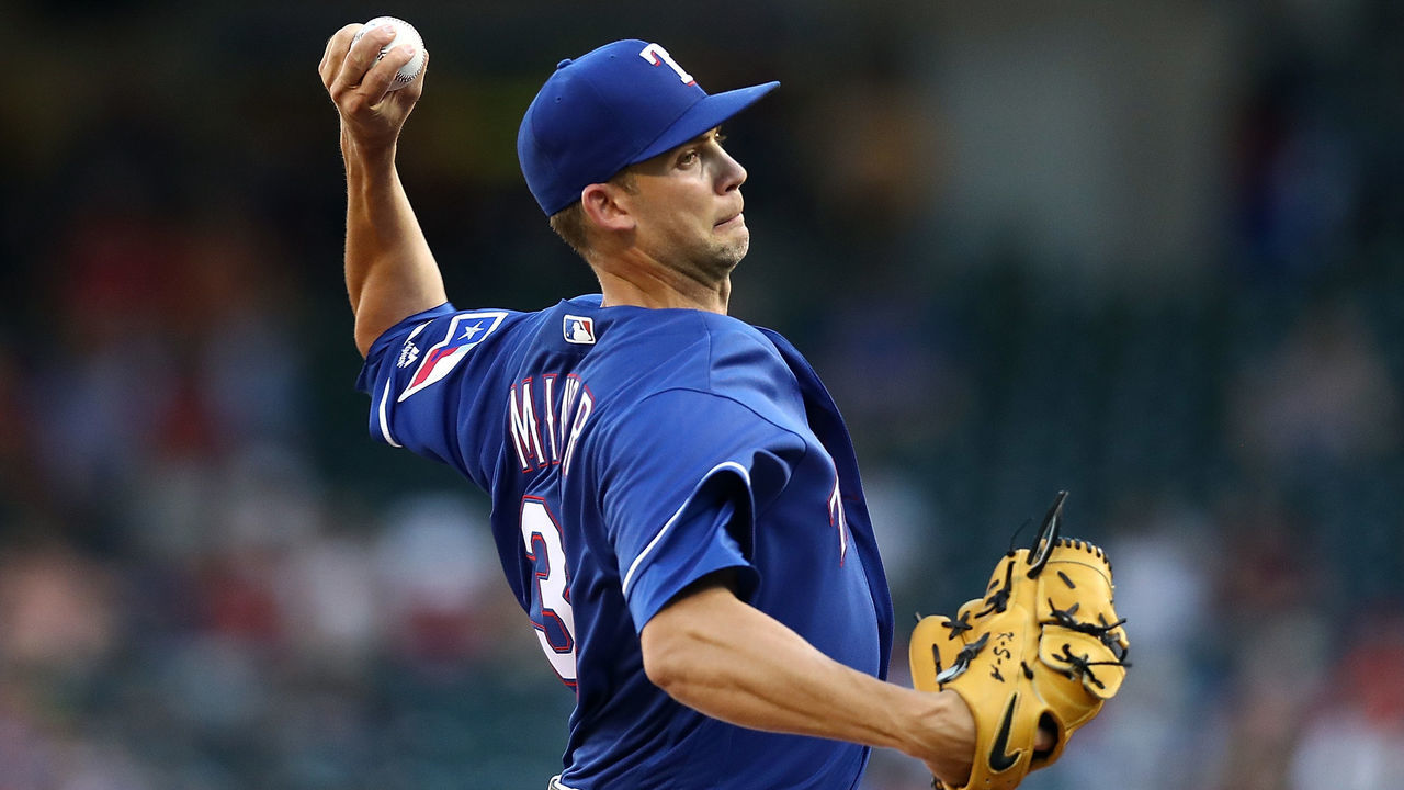 ARLINGTON, TX - JUNE 27: Mike Minor #36 of the Texas Rangers throws against the San Diego Padres in the first inning at Globe Life Park in Arlington on June 27, 2018 in Arlington, Texas.