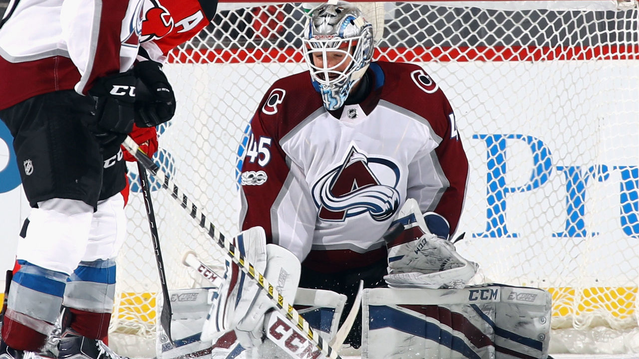 NEWARK, NJ - OCTOBER 07: Jonathan Bernier #45 of the Colorado Avalanche skates against the New Jersey Devils at the Prudential Center on October 7, 2017 in Newark, New Jersey.