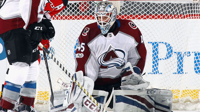 NEWARK, NJ - OCTOBER 07: Jonathan Bernier #45 of the Colorado Avalanche skates against the New Jersey Devils at the Prudential Center on October 7, 2017 in Newark, New Jersey.