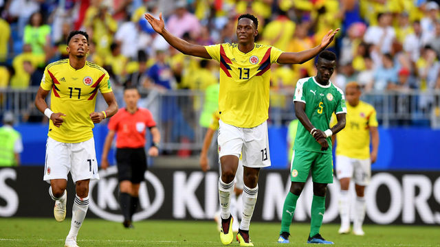 SAMARA, RUSSIA - JUNE 28: Yerry Mina of Colombia celebrates after scoring his team's first goal during the 2018 FIFA World Cup Russia group H match between Senegal and Colombia at Samara Arena on June 28, 2018 in Samara, Russia.