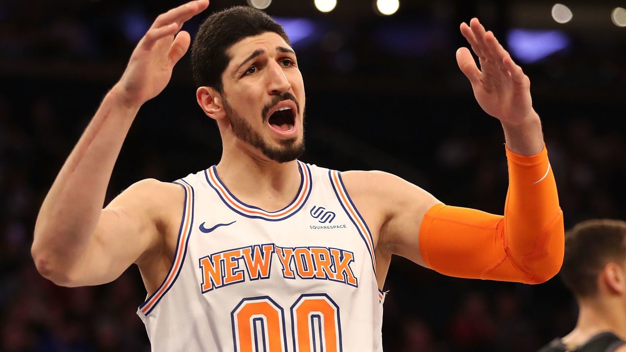 NEW YORK, NY - MARCH 13: Enes Kanter #00 of the New York Knicks reacts in the second quarter against the Dallas Mavericks during their game at Madison Square Garden on March 13, 2018 in New York City.