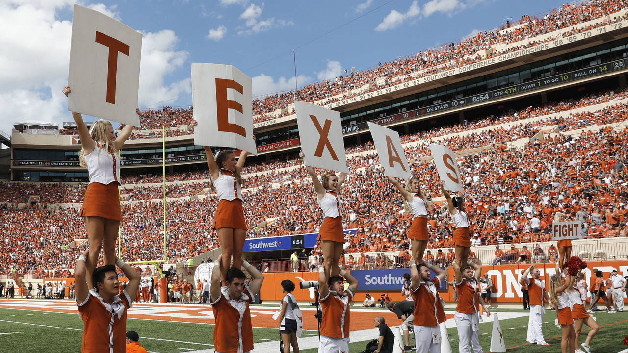 AUSTIN, TX - OCTOBER 21: The Texas Longhorns cheerleaders perform during the game against the Oklahoma State Cowboys at Darrell K Royal-Texas Memorial Stadium on October 21, 2017 in Austin, Texas.