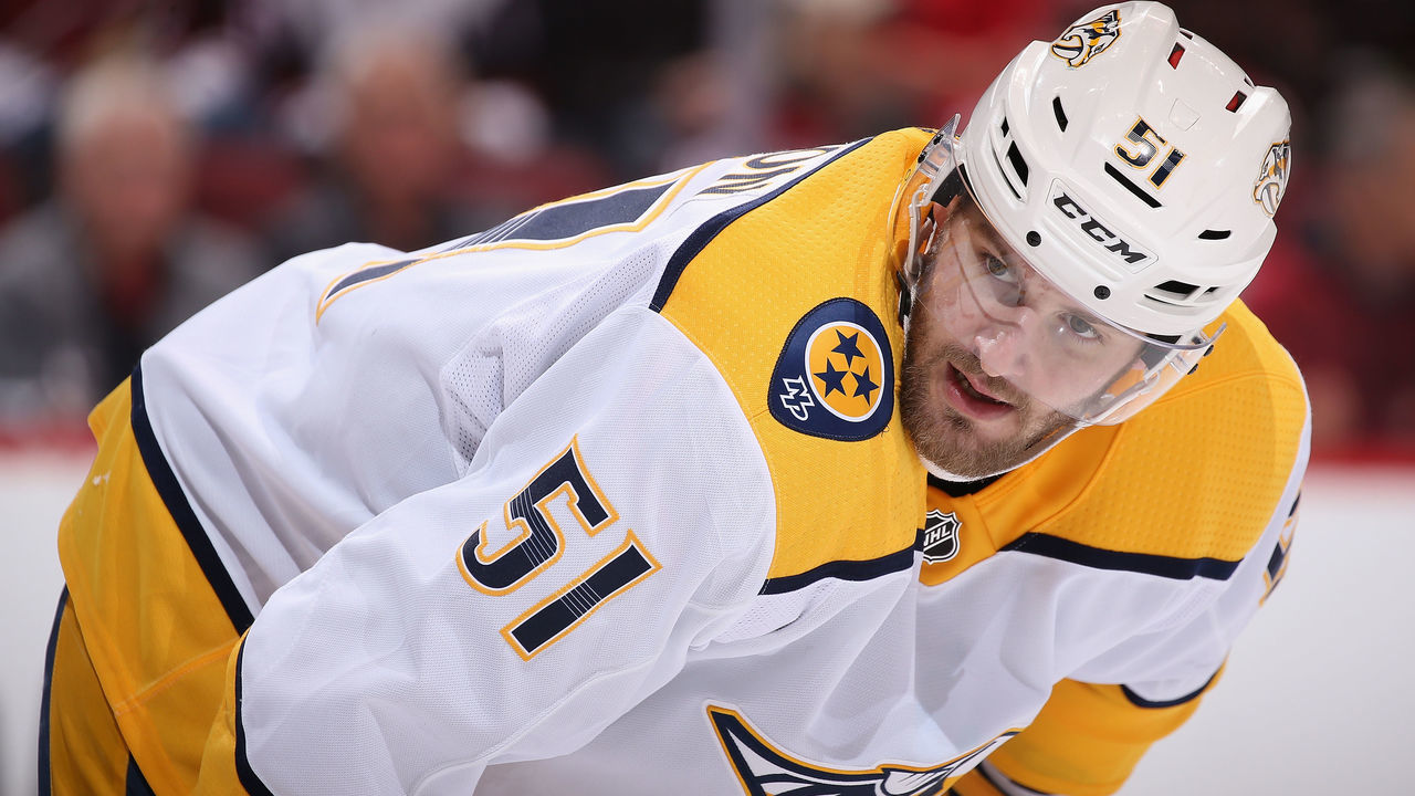 GLENDALE, AZ - JANUARY 04: Austin Watson #51 of the Nashville Predators during the third period of the NHL game against the Arizona Coyotes at Gila River Arena on January 4, 2018 in Glendale, Arizona. The Coyotes defeated the Predators 3-2 in overtime.