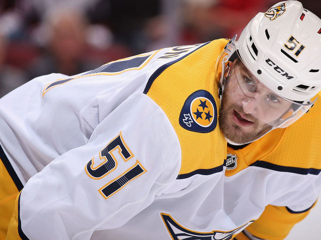 GLENDALE, AZ - JANUARY 04: Austin Watson #51 of the Nashville Predators during the third period of the NHL game against the Arizona Coyotes at Gila River Arena on January 4, 2018 in Glendale, Arizona. The Coyotes defeated the Predators 3-2 in overtime.
