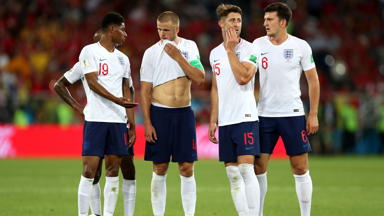 KALININGRAD, RUSSIA - JUNE 28: Marcus Rashford, Eric Dier, Gary Cahill and Harry Maguire of England discuss options before taking a freekick during the 2018 FIFA World Cup Russia group G match between England and Belgium at Kaliningrad Stadium on June 28, 2018 in Kaliningrad, Russia.