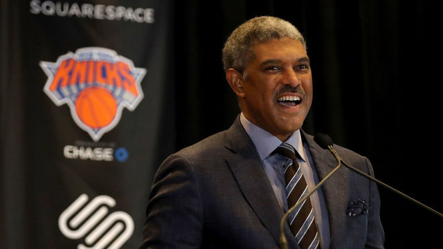 NEW YORK, NY - OCTOBER 10: New York Knicks President Steve Mills speaks at the unveiling of the Knicks' jersey sponsorship with Squarespace at Madison Square Garden on October 10, 2017 in New York City.