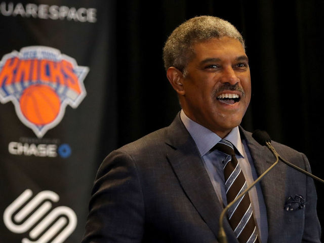 NEW YORK, NY - OCTOBER 10: New York Knicks President Steve Mills speaks at the unveiling of the Knicks' jersey sponsorship with Squarespace at Madison Square Garden on October 10, 2017 in New York City.