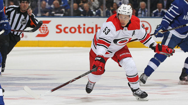 TORONTO,ON - DECEMBER 19: Jeff Skinner #53 of the Carolina Hurricanes skates against the Toronto Maple Leafs during an NHL game at the Air Canada Centre on December 19, 2017 in Toronto, Ontario, Canada. The Maple Leafs defeated the Hurricanes 8-1.