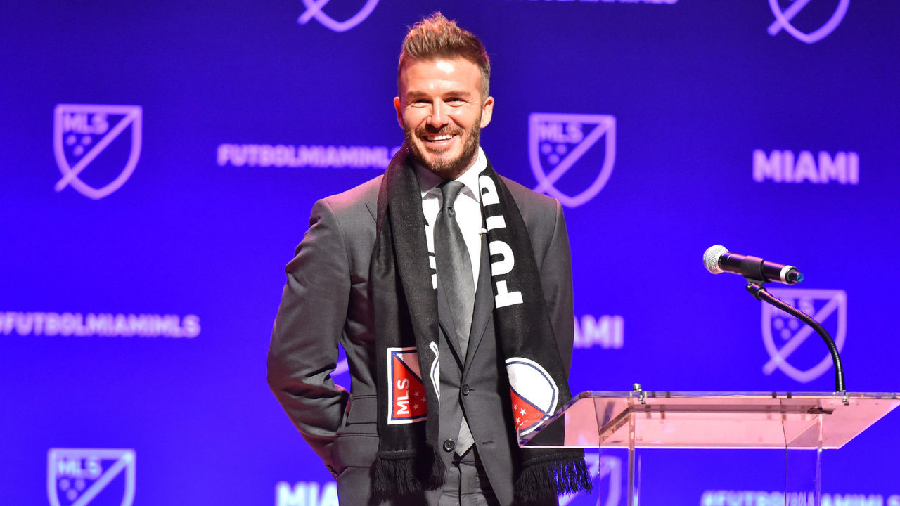 MIAMI, FL - JANUARY 29: David Beckham addresses the crowd during the press conference announcing an MLS franchise in Miami at the Knight Concert Hall on January 29, 2018 in Miami, Florida.