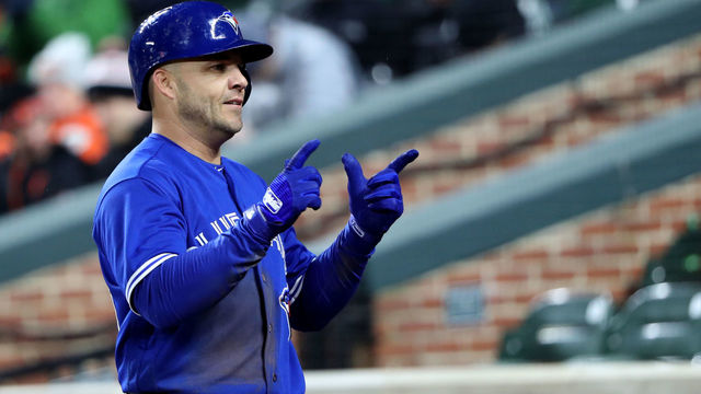 BALTIMORE, MD - APRIL 9: Steve Pearce #28 of the Toronto Blue Jays celebrates after hitting a two RBI home run against the Baltimore Orioles in the third inning at Oriole Park at Camden Yards on April 9, 2018 in Baltimore, Maryland.