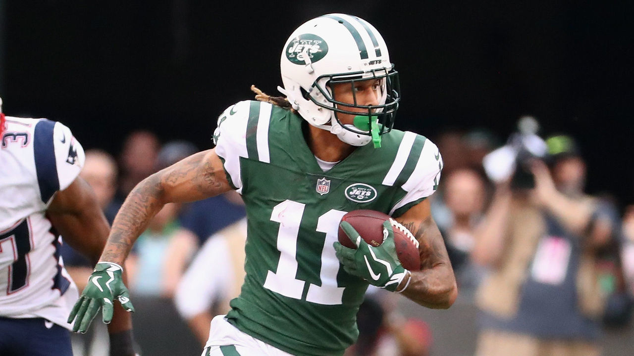 EAST RUTHERFORD, NJ - OCTOBER 15: Wide receiver Robby Anderson #11 of the New York Jets runs the ball against strong safety Jordan Richards #37 of the New England Patriots during the second half of their game at MetLife Stadium on October 15, 2017 in East Rutherford, New Jersey. The New England Patriots won 24-17.