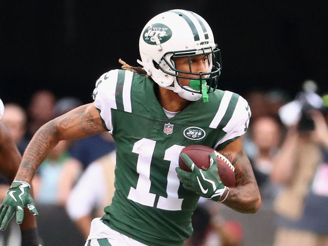 EAST RUTHERFORD, NJ - OCTOBER 15: Wide receiver Robby Anderson #11 of the New York Jets runs the ball against strong safety Jordan Richards #37 of the New England Patriots during the second half of their game at MetLife Stadium on October 15, 2017 in East Rutherford, New Jersey. The New England Patriots won 24-17.