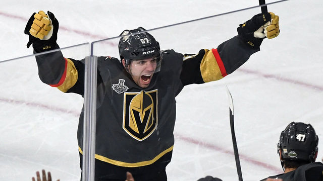 LAS VEGAS, NV - JUNE 07: David Perron #57 of the Vegas Golden Knights reacts after scoring a second-period goal against the Washington Capitals in Game Five of the 2018 NHL Stanley Cup Final at T-Mobile Arena on June 7, 2018 in Las Vegas, Nevada. The Capitals defeated the Golden Knights 4-3.