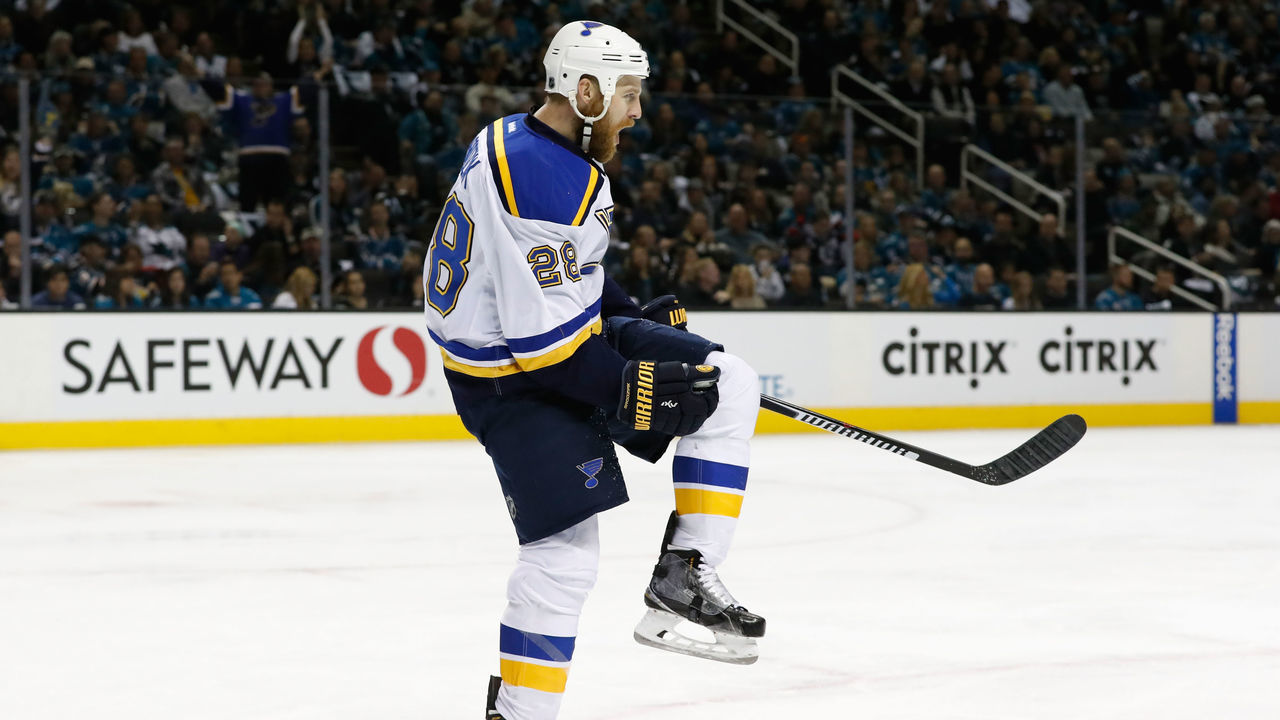 SAN JOSE, CA - MAY 21: Kyle Brodziak #28 of the St. Louis Blues celebrates after his first goal in game four of the Western Conference Finals against the San Jose Sharks during the 2016 NHL Stanley Cup Playoffs at SAP Center on May 21, 2016 in San Jose, California.