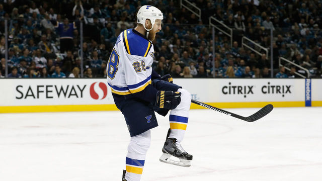 SAN JOSE, CA - MAY 21: Kyle Brodziak #28 of the St. Louis Blues celebrates after his first goal in game four of the Western Conference Finals against the San Jose Sharks during the 2016 NHL Stanley Cup Playoffs at SAP Center on May 21, 2016 in San Jose, California.