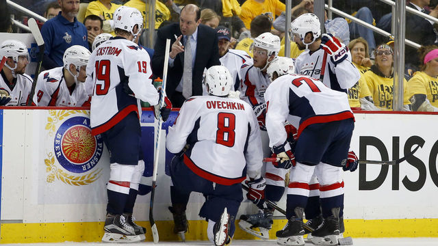PITTSBURGH, PA - MAY 10: Assistant coach Todd Reirden of the Washington Capitals talks to the power play unit during a time-out against the Pittsburgh Penguins in Game Six of the Eastern Conference Second Round during the 2016 NHL Stanley Cup Playoffs at Consol Energy Center on May 10, 2016 in Pittsburgh, Pennsylvania.
