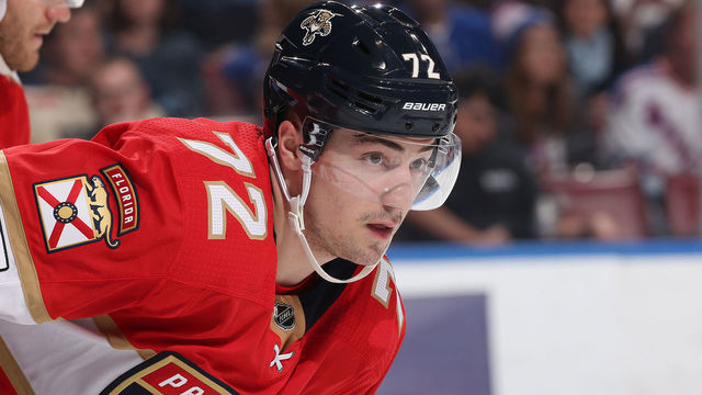 SUNRISE, FL - MARCH 10: Frank Vatrano #72 of the Florida Panthers prepares for a face-off against the New York Rangers at the BB&T Center on March 10, 2018 in Sunrise, Florida. Vatrano is playing in his first game with the Panthers after being traded from Boston.