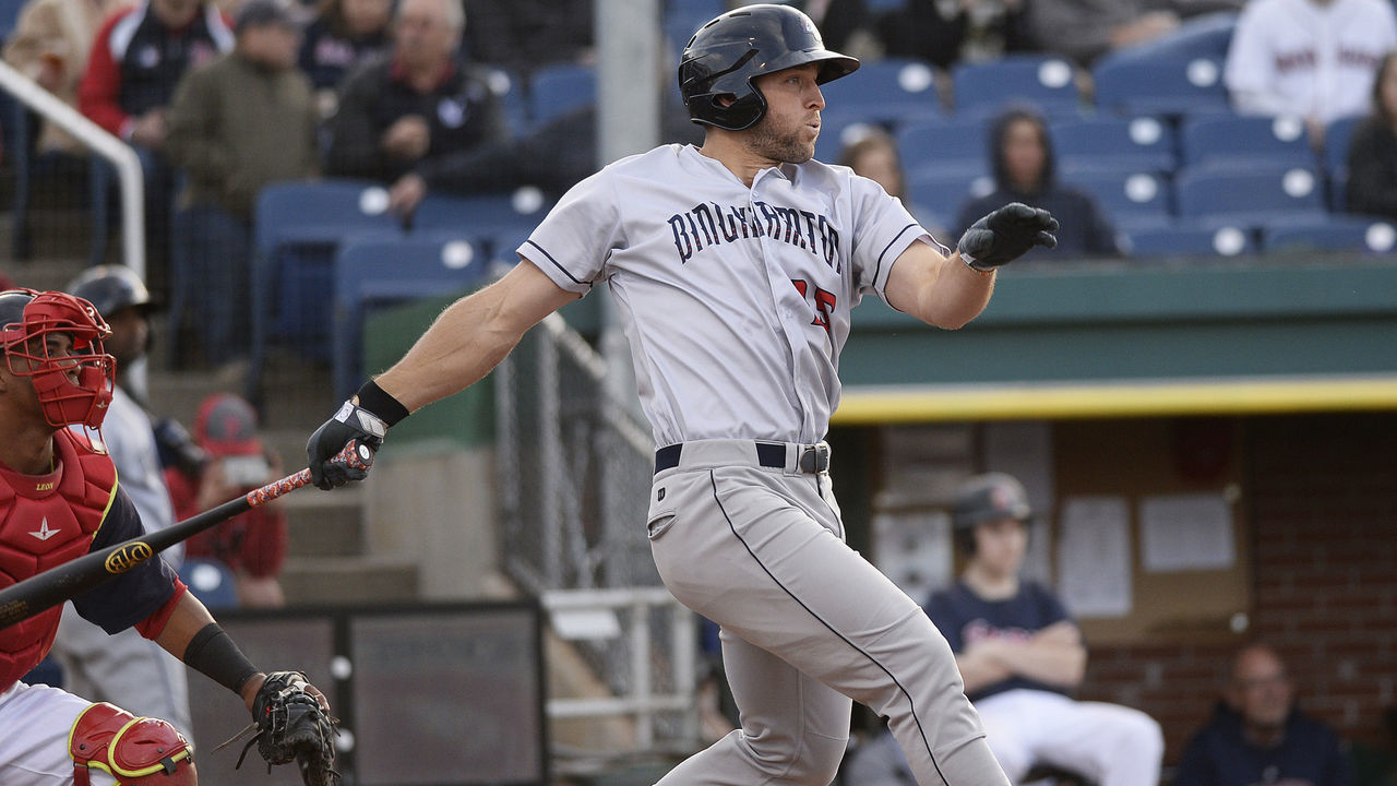 PORTLAND, ME - MAY 11: Binghamton's Tim Tebow hits a single against the Sea Dogs Friday, May 11, 2018. (Staff photo by Shawn Patrick Ouellette/Portland Press Herald via Getty Images)