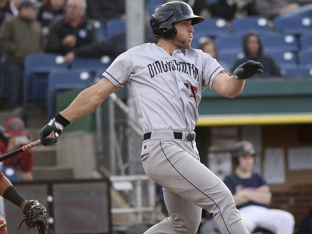 PORTLAND, ME - MAY 11: Binghamton's Tim Tebow hits a single against the Sea Dogs Friday, May 11, 2018. (Staff photo by Shawn Patrick Ouellette/Portland Press Herald via Getty Images)
