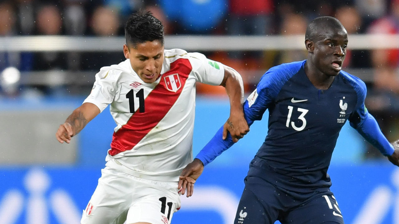 Peru's forward Raul Ruidiaz (L) and France's midfielder N'Golo Kante compete for the ball during the Russia 2018 World Cup Group C football match between France and Peru at the Ekaterinburg Arena in Ekaterinburg on June 21, 2018.