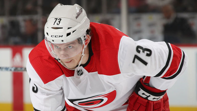 NEWARK, NJ - MARCH 27: Valentin Zykov #73 of the Carolina Hurricanes skates against the New Jersey Devils at the Prudential Center on March 27, 2018 in Newark, New Jersey.
