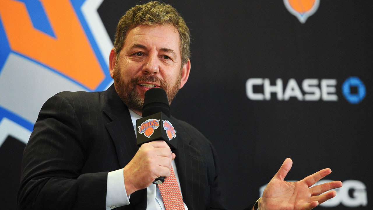 NEW YORK, NY - MARCH 18: James Dolan, Executive Chairman of Madison Square Garden, answers questions during the press conference to introduce Phil Jackson as President of the New York Knicks at Madison Square Garden on March 18, 2014 in New York City.