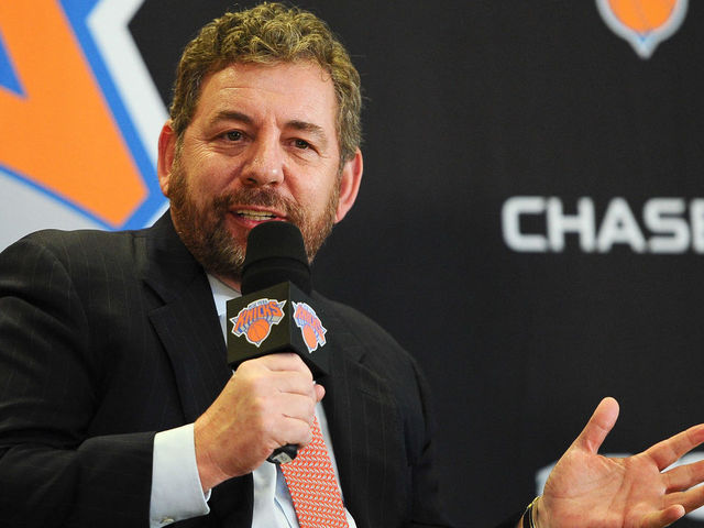 NEW YORK, NY - MARCH 18: James Dolan, Executive Chairman of Madison Square Garden, answers questions during the press conference to introduce Phil Jackson as President of the New York Knicks at Madison Square Garden on March 18, 2014 in New York City.