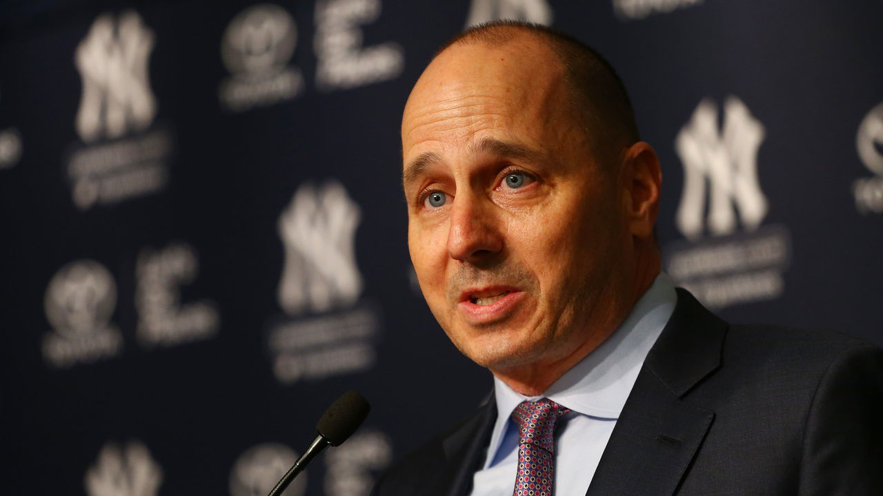 NEW YORK, NY - DECEMBER 06: Senior Vice President, General Manager Brian Cashman speaks to the media prior to introducing Aaron Boone as New York Yankee manager at Yankee Stadium on December 6, 2017 in the Bronx borough of New York City.
