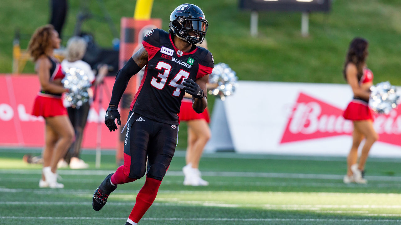 OTTAWA, ON - JUNE 21: Ottawa RedBlacks linebacker Kyries Hebert (34) comes out onto the field for player entrance before Canadian Football League action between Saskatchewan Roughriders and Ottawa RedBlacks on June 21, 2018 at TD Place Stadium, in Ottawa, ON, Canada.