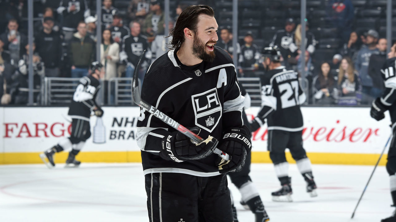 LOS ANGELES, CA - APRIL 5: Drew Doughty #8 of the Los Angeles Kings warms up before a game against the Minnesota Wild at STAPLES Center on April 5, 2018 in Los Angeles, California.