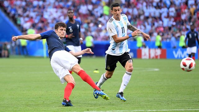 KAZAN, RUSSIA - JUNE 30: Benjamin Pavard of France shoots and scores his side's second goal during the 2018 FIFA World Cup Russia Round of 16 match between France and Argentina at Kazan Arena on June 30, 2018 in Kazan, Russia.