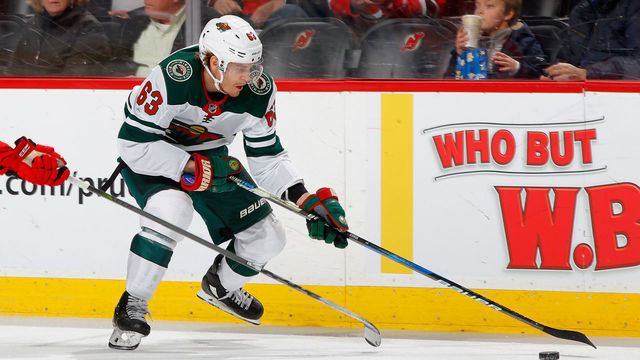 NEWARK, NJ - FEBRUARY 22: Tyler Ennis #63 of the Minnesota Wild in action against the New Jersey Devils on February 22, 2018 at Prudential Center in Newark, New Jersey.