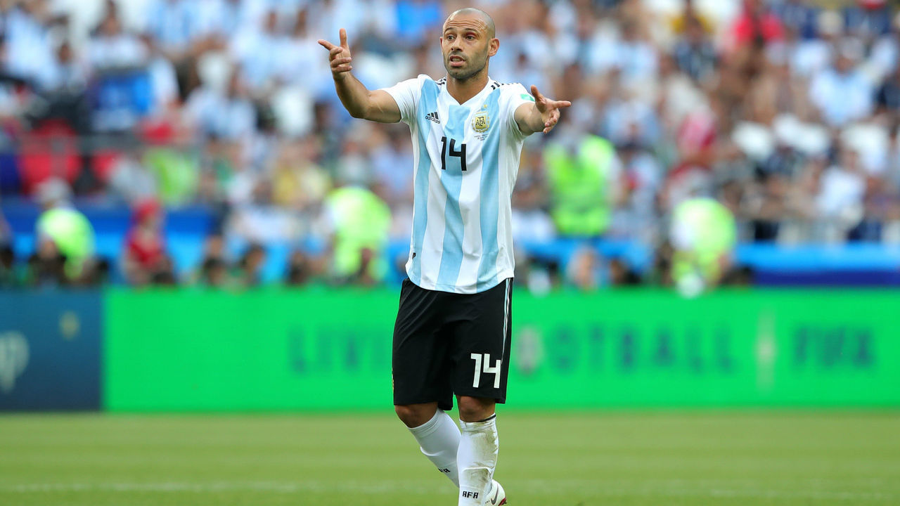 KAZAN, RUSSIA - JUNE 30: Javier Mascherano of Argentina reacts during the 2018 FIFA World Cup Russia Round of 16 match between France and Argentina at Kazan Arena on June 30, 2018 in Kazan, Russia.