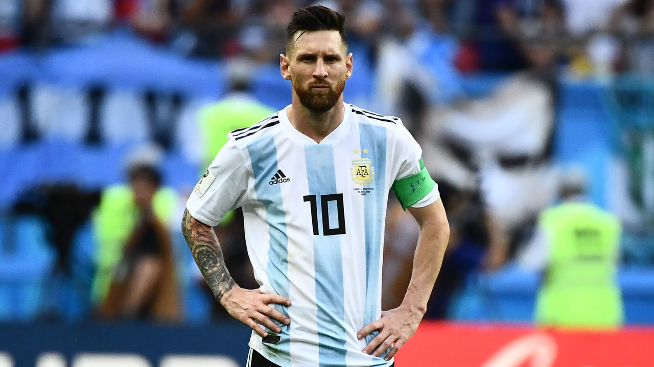 Argentina's forward Lionel Messi looks on during the Russia 2018 World Cup round of 16 football match between France and Argentina at the Kazan Arena in Kazan on June 30, 2018.