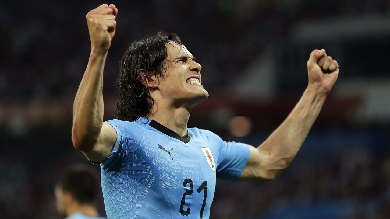 SOCHI, RUSSIA - JUNE 30: Edinson Cavani of Uruguay celebrates after scoring his team's second goal during the 2018 FIFA World Cup Russia Round of 16 match between Uruguay and Portugal at Fisht Stadium on June 30, 2018 in Sochi, Russia.