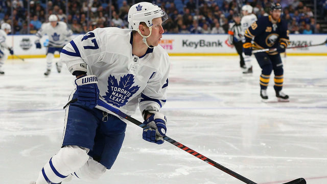 BUFFALO, NY - MARCH 5: Leo Komarov #47 of the Toronto Maple Leafs during the game against the Buffalo Sabres at KeyBank Center on March 5, 2018 in Buffalo, New York.