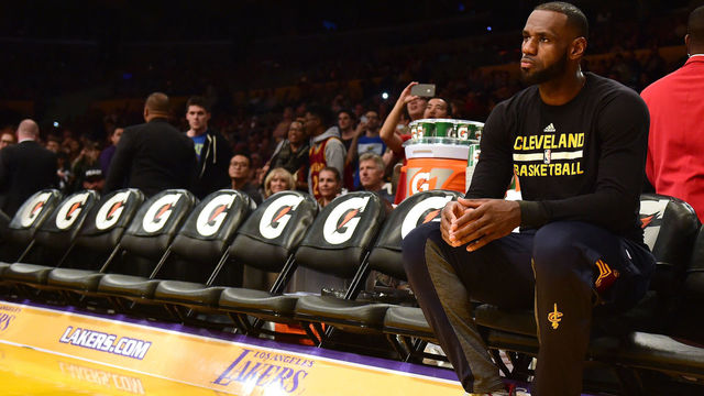LOS ANGELES, CA - MARCH 19: LeBron James #23 of the Cleveland Cavaliers waits for the start of the game against the Los Angeles Lakers at Staples Center on March 19, 2017 in Los Angeles, California.