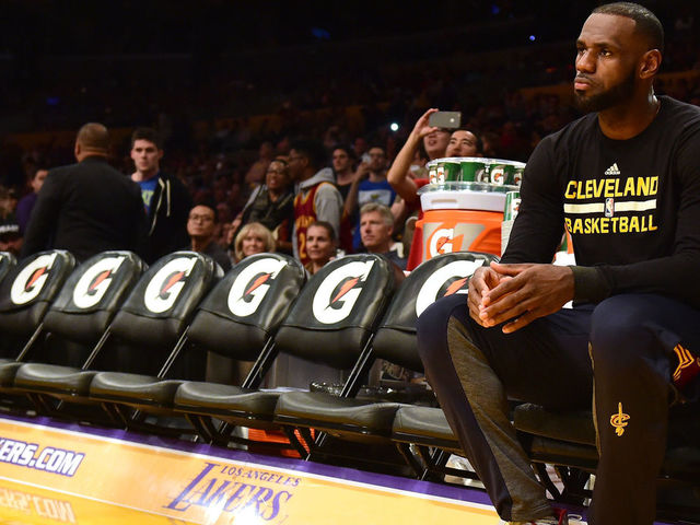 LOS ANGELES, CA - MARCH 19: LeBron James #23 of the Cleveland Cavaliers waits for the start of the game against the Los Angeles Lakers at Staples Center on March 19, 2017 in Los Angeles, California.