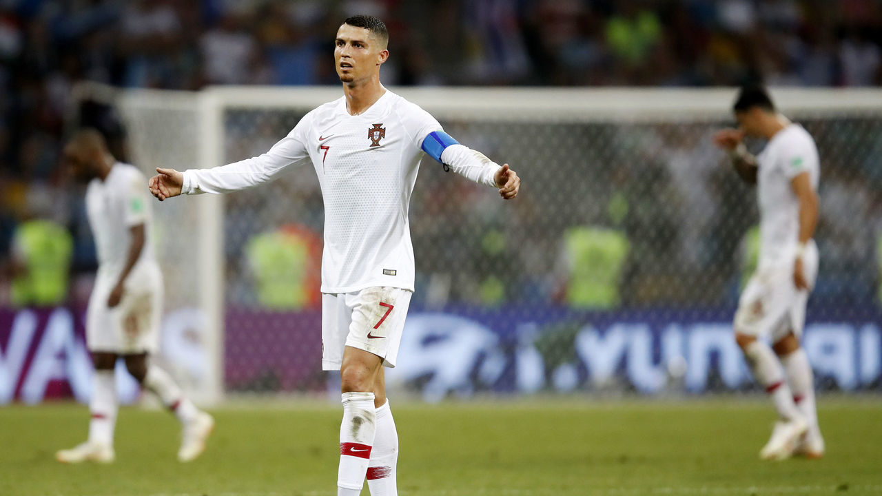 SOCHI, RUSSIA - JUNE 30: Cristiano Ronaldo of Portugal reacts during the 2018 FIFA World Cup Russia Round of 16 match between Uruguay and Portugal at Fisht Stadium on June 30, 2018 in Sochi, Russia.