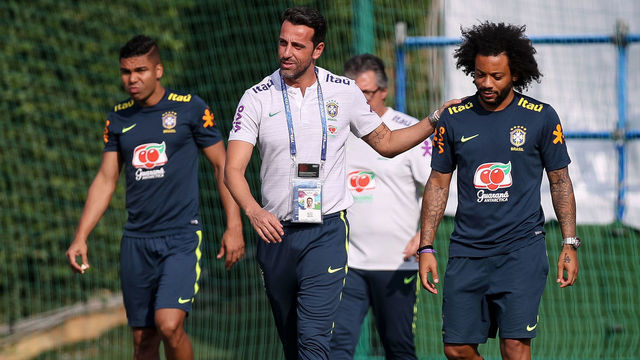 SOCHI, RUSSIA - JUNE 29: Marcelo of Brazil (R) is seen during a Brazil training session and press conference on June 29, 2018 in Sochi, Russia.