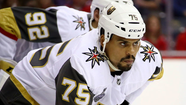 WASHINGTON, DC - JUNE 04: Ryan Reaves #75 of the Vegas Golden Knights prepares for the faceoff against the Washington Capitals during the second period in Game Four of the 2018 NHL Stanley Cup Final at Capital One Arena on June 4, 2018 in Washington, DC.