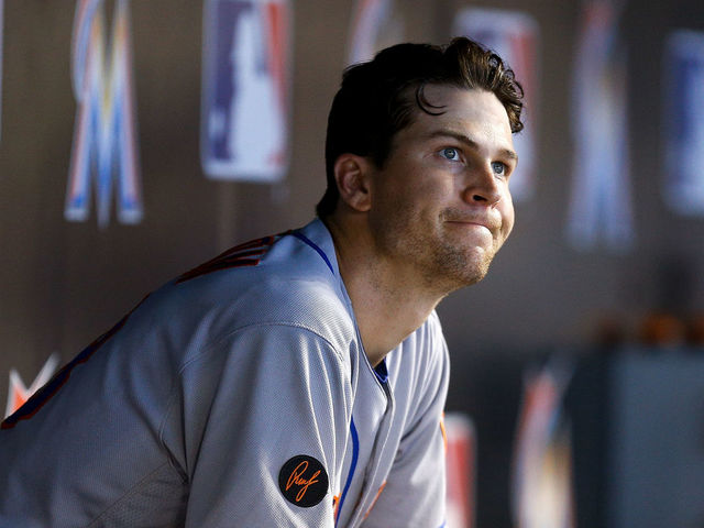 MIAMI, FL - JUNE 30: Jacob deGrom #48 of the New York Mets reacts in the dugout against the Miami Marlins at Marlins Park on June 30, 2018 in Miami, Florida.