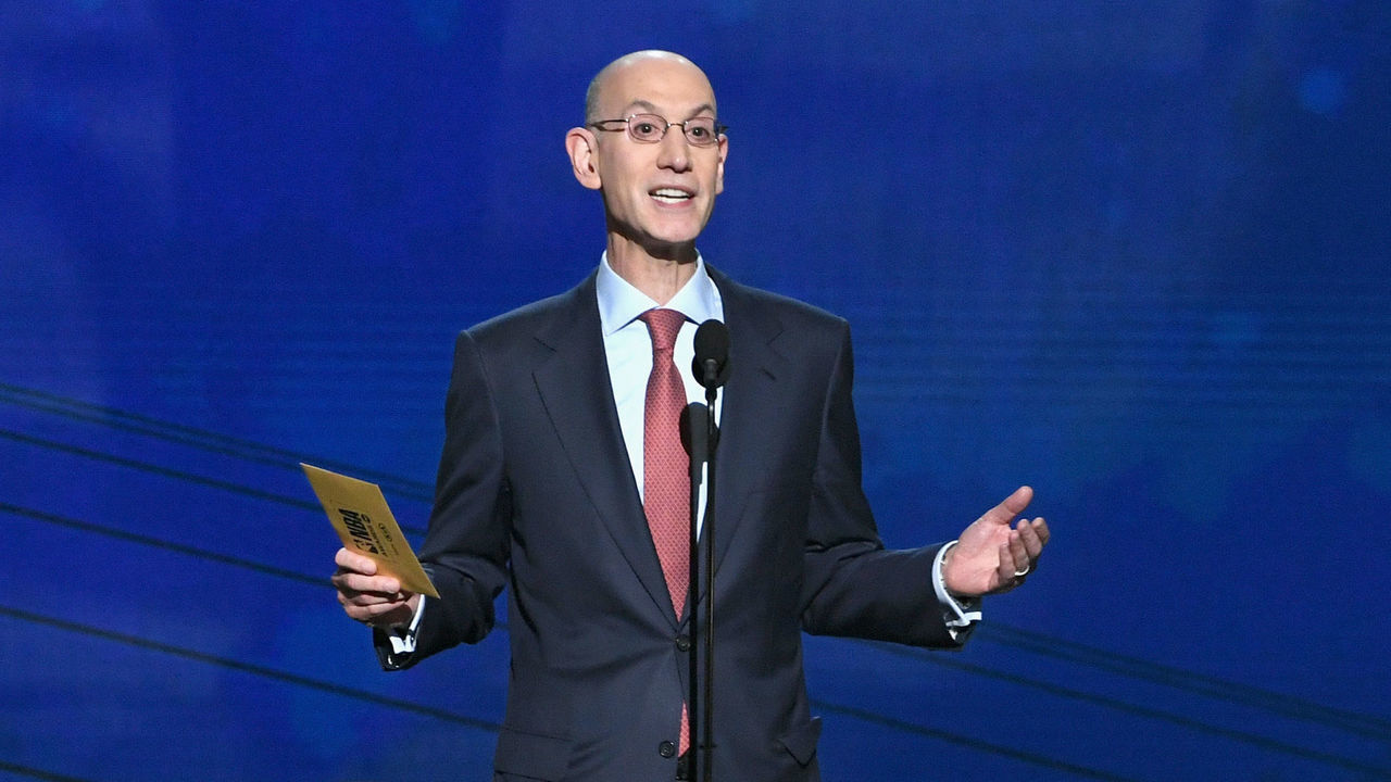SANTA MONICA, CA - JUNE 25: Adam Silver speaks onstage at the 2018 NBA Awards at Barkar Hangar on June 25, 2018 in Santa Monica, California.